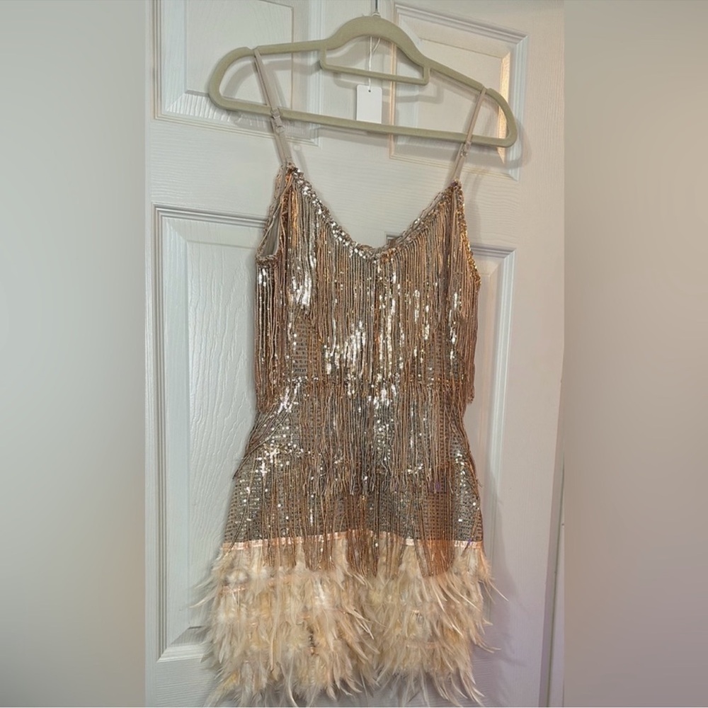 Rose gold sequin and feather fringe mini dress